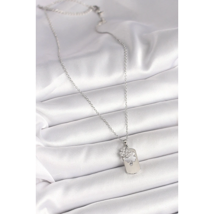 BFS 316L Çelik Gümüş Renk Zincir Zirkon Taşlı Yonca Model Kadın Kolye