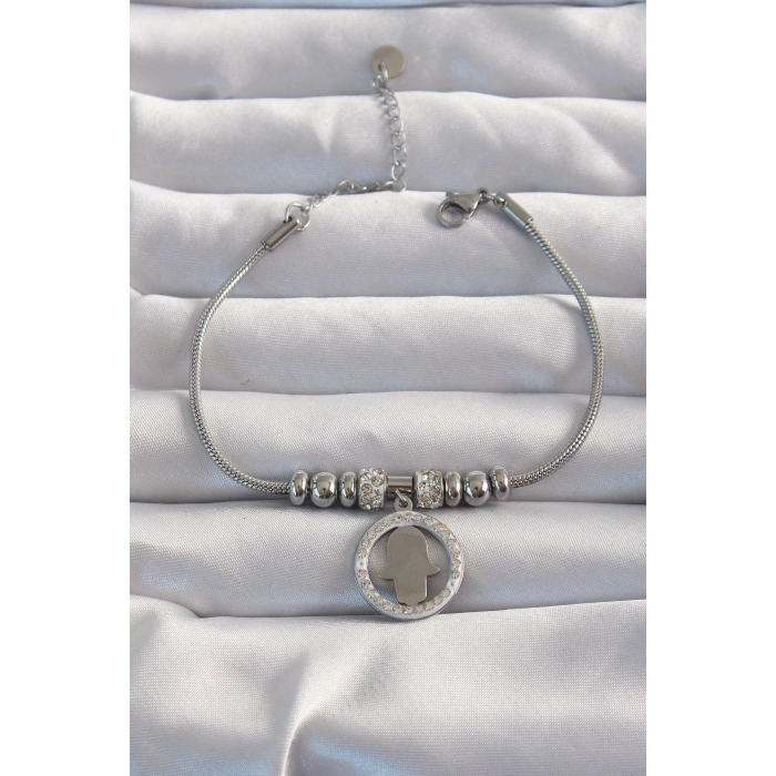 BFS 316L Çelik Gümüş Renk Zirkon Taş Aksesuarlı Fatma Ana Eli Bileklik