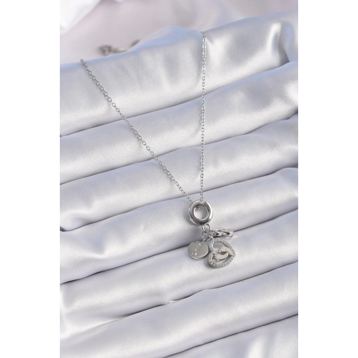 BFS 316L Çelik Gümüş Renk Zirkon Taş Detay Kalp Model Charm Kadın Kolye