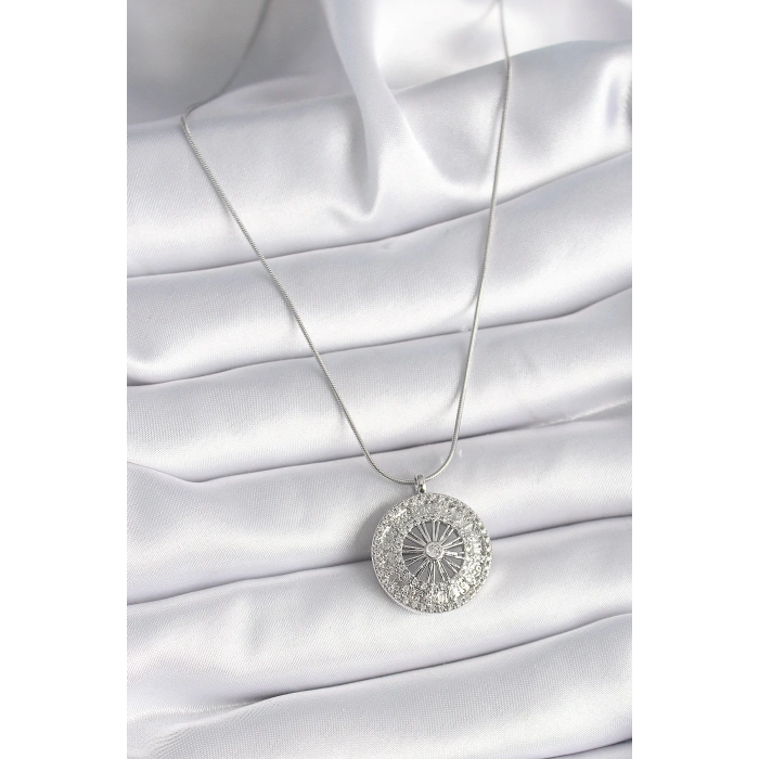 BFS 316L Çelik Gümüş Renk Zirkon Taşlı 12 Burç Madalyon Model Kadın Kolye