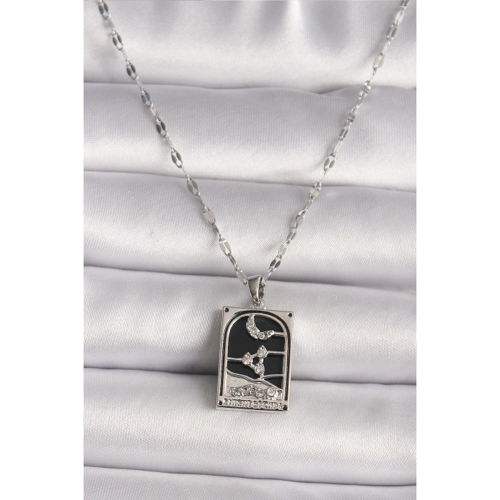 BFS 316L Çelik Gümüş Renk Zirkon Taşlı  Ay Figürlü Taror Model Kadın Kolye