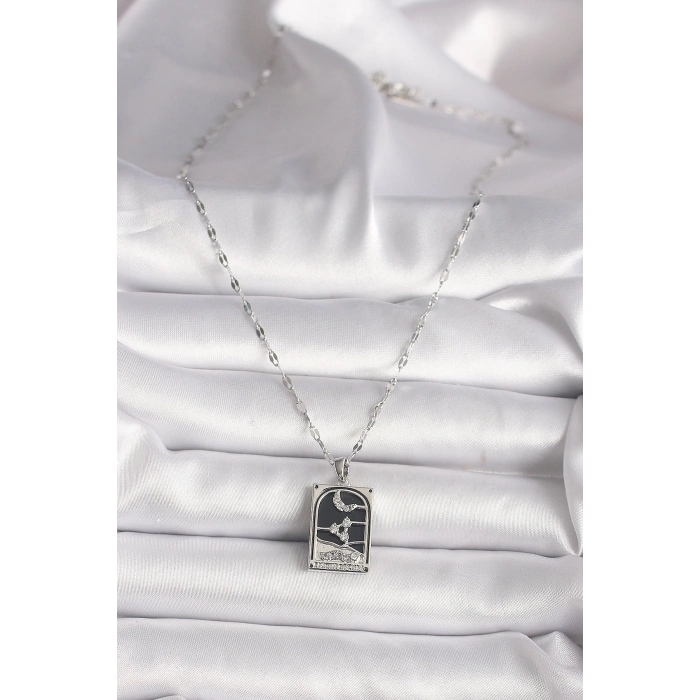 BFS 316L Çelik Gümüş Renk Zirkon Taşlı  Ay Figürlü Taror Model Kadın Kolye