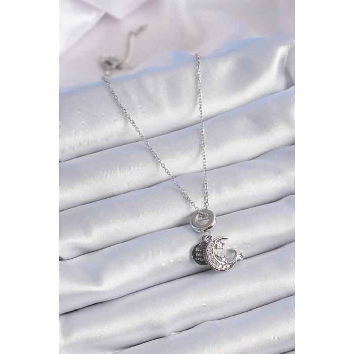 BFS 316L Çelik Gümüş Renk Zirkon Taşlı Ay Yıldız  Figür Charm Model Kadın Kolye