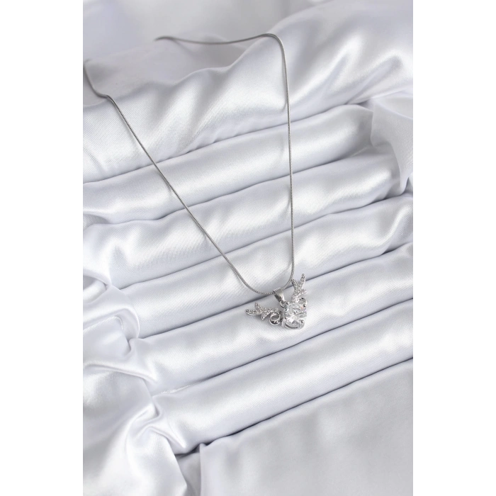 BFS 316L Çelik Gümüş Renk Zirkon Taşlı Boynuz Model Kadın Kolye