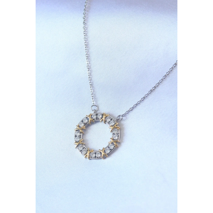 BFS 316L Çelik Gümüş Renk Zirkon Taşlı Gold Detay Xoxo Kadın Kolye