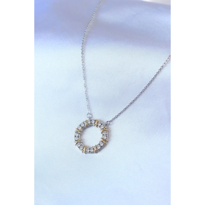 BFS 316L Çelik Gümüş Renk Zirkon Taşlı Gold Detay Xoxo Kadın Kolye