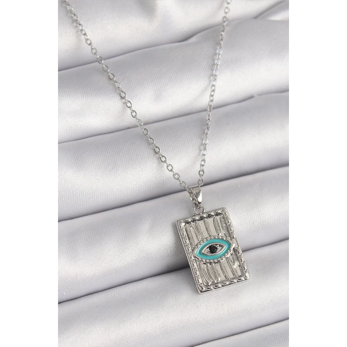 BFS 316L Çelik Gümüş Renk Zirkon Taşlı Göz İşleme Detaylı Plaka Model Kadın Kolye