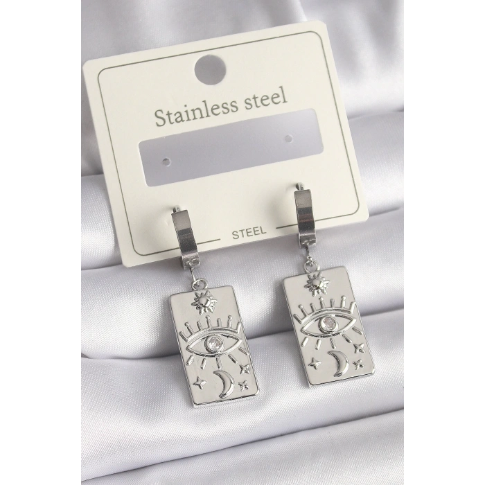 BFS 316L Çelik Gümüş Renk Zirkon Taşlı Göz İşleme Detaylı Plaka Model Kadın Küpe