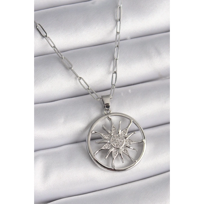 BFS 316L Çelik Gümüş Renk Zirkon Taşlı Güneş Madalyon Model Kadın Kolye