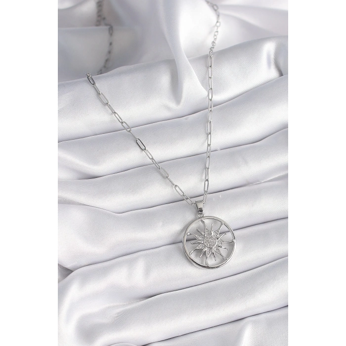 BFS 316L Çelik Gümüş Renk Zirkon Taşlı Güneş Madalyon Model Kadın Kolye