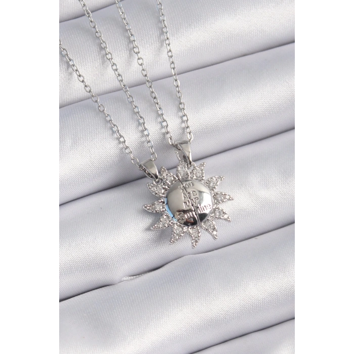 BFS 316L Çelik Gümüş Renk Zirkon Taşlı Güneş Model İşleme Yazı Detay Arkadaşlık Kolyesi