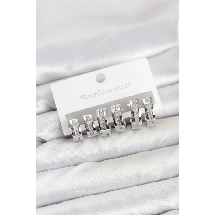 BFS 316L Çelik Gümüş Renk Zirkon Taşlı Halka Küpe Seti