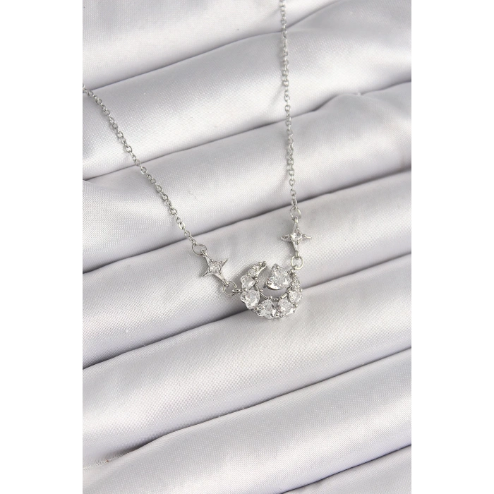 BFS 316L Çelik Gümüş Renk Zirkon Taşlı Hilal Kalp Model Kadın Kolye