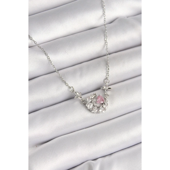 BFS 316L Çelik Gümüş Renk Zirkon Taşlı Hilal Pembe Kalp Model Kadın Kolye