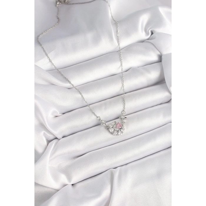 BFS 316L Çelik Gümüş Renk Zirkon Taşlı Hilal Pembe Kalp Model Kadın Kolye