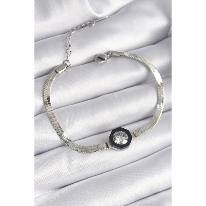 BFS 316L Çelik Gümüş Renk Zirkon Taşlı İtalyan Zincir Model Kadın Bileklik