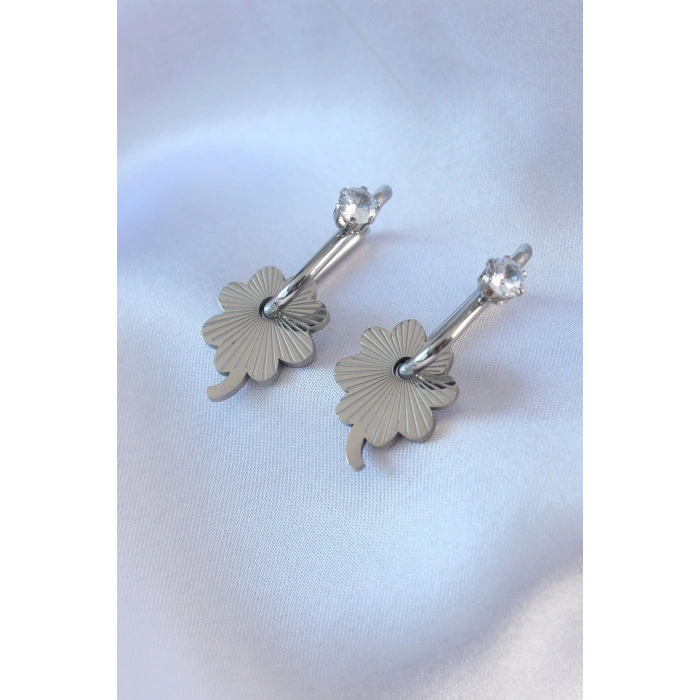 BFS 316L Çelik Gümüş Renk Zirkon Taşlı Kadın Göçmen Küpesi