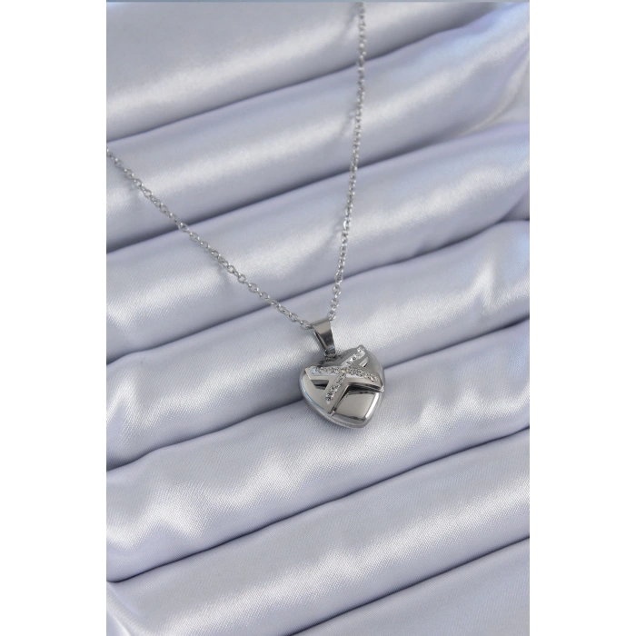 BFS 316L Çelik Gümüş Renk Zirkon Taşlı Kalp Model Kadın Kolye