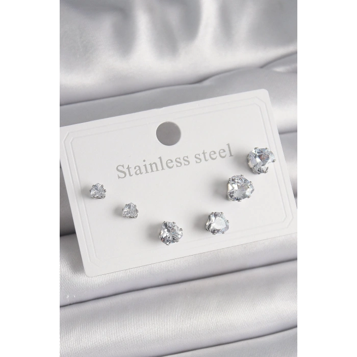 BFS 316L Çelik Gümüş Renk Zirkon Taşlı Kalp Model Kadın Küpe Seti