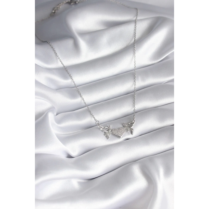 BFS 316L Çelik Gümüş Renk Zirkon Taşlı Kanat Kalp Model Kadın Kolye