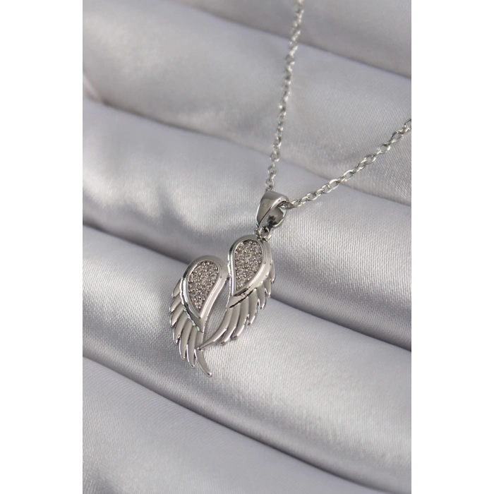 BFS 316L Çelik Gümüş Renk Zirkon Taşlı Kanat Model Kadın Kolye