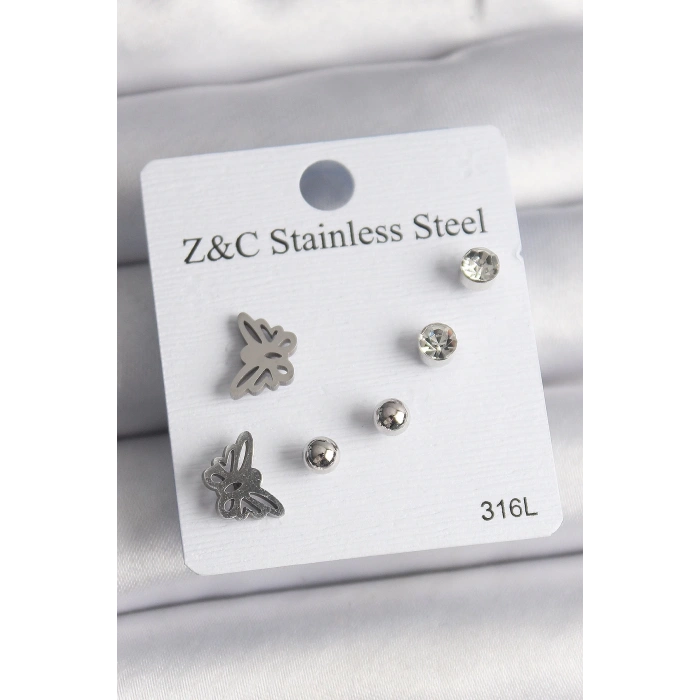 BFS 316L Çelik Gümüş Renk Zirkon Taşlı Kelebek Model Kadın Küpe Seti