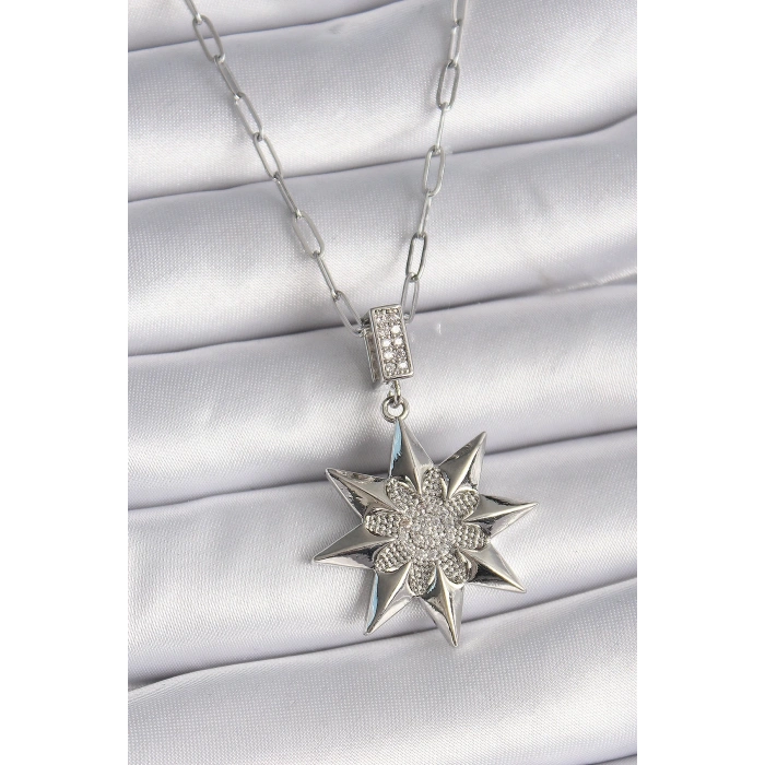 BFS 316L Çelik Gümüş Renk Zirkon Taşlı Kutup Yıldızı Model Kadın Kolye