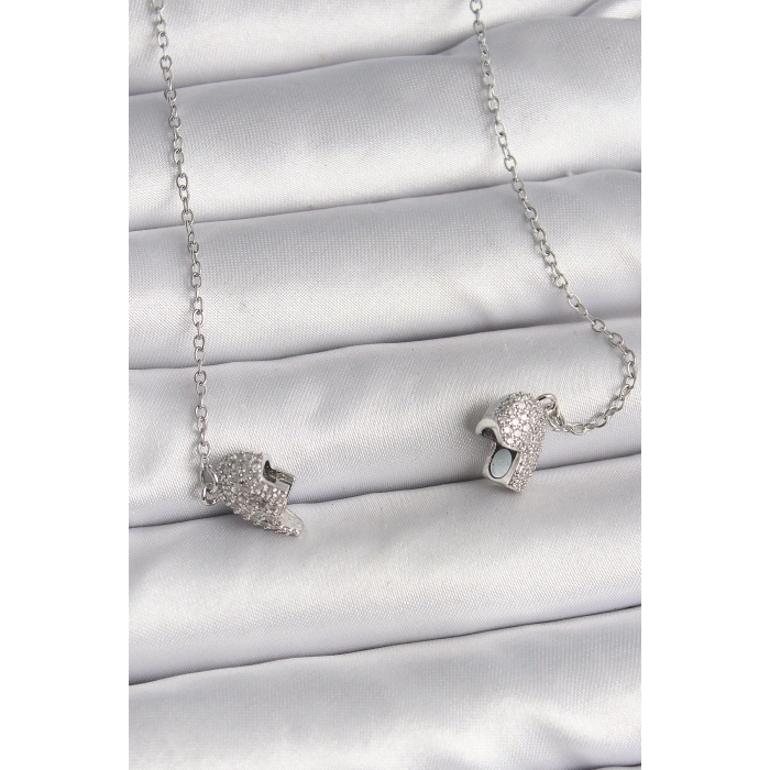 BFS 316L Çelik Gümüş Renk Zirkon Taşlı Mıknatıslı Kalp Model Kadın Kolye