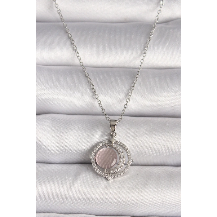 BFS 316L Çelik Gümüş Renk Zirkon Taşlı Pembe Sedefli Hilal Model Kadın Kolye