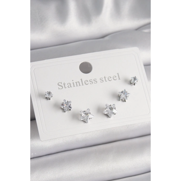 BFS 316L Çelik Gümüş Renk Zirkon Taşlı Yıldız Model Kadın Küpe Seti