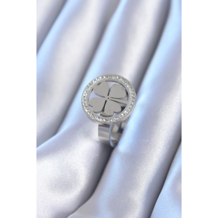 BFS 316L Çelik Gümüş Renk Zirkon Taşlı Yonca Model Kadın Yüzük