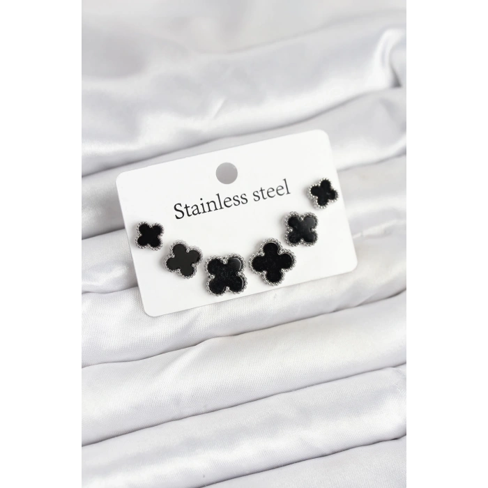 BFS 316L Çelik Gümüş Siyah Renk 3 Boy Yonca Küpe Seti