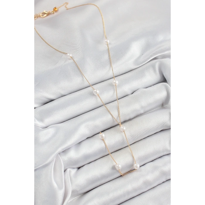 BFS 316L Çelik İnci Figürlü Y Model Gold Renk Kadın Kolye