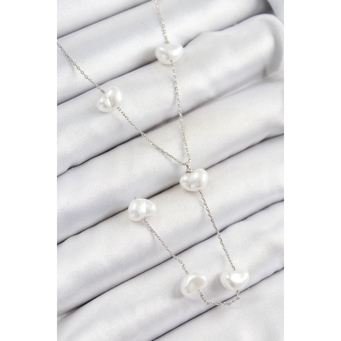 BFS 316L Çelik İncili Kalp Figürlü Y Model Gümüş Renk Kadın Kolye