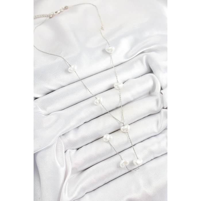 BFS 316L Çelik İncili Kalp Figürlü Y Model Gümüş Renk Kadın Kolye