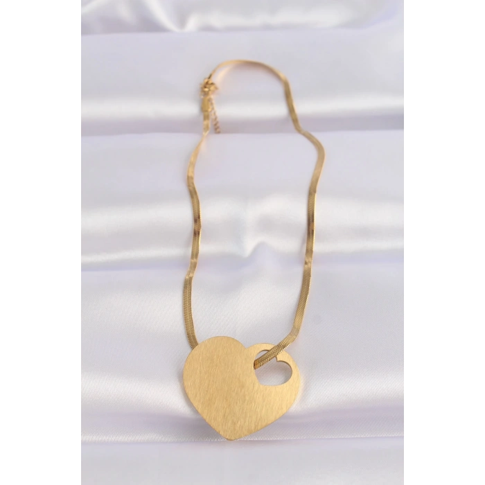 BFS 316L Çelik İtalyan Zincir Altın Renk Düz Plaka Kalp Kolye