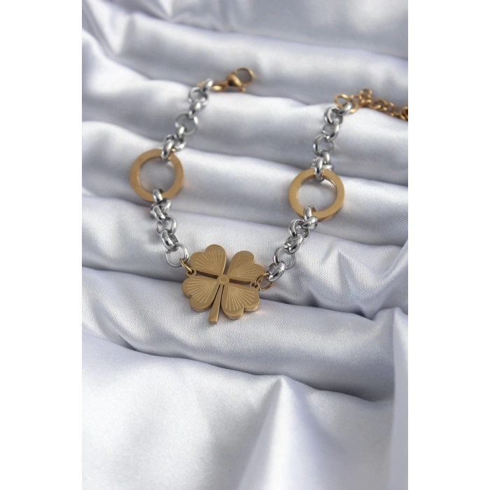 Mey İthalat® 316L Çelik Mix Renk Zincir Model Yonca Figür Kadın Bileklik
