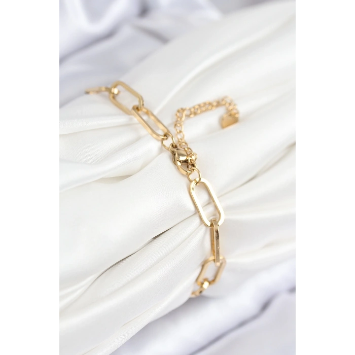 BFS 316L Çelik Nazar Boncuğu Ve Zirkon Taşlı Kalp Model Gold Renk Kadın Bileklik