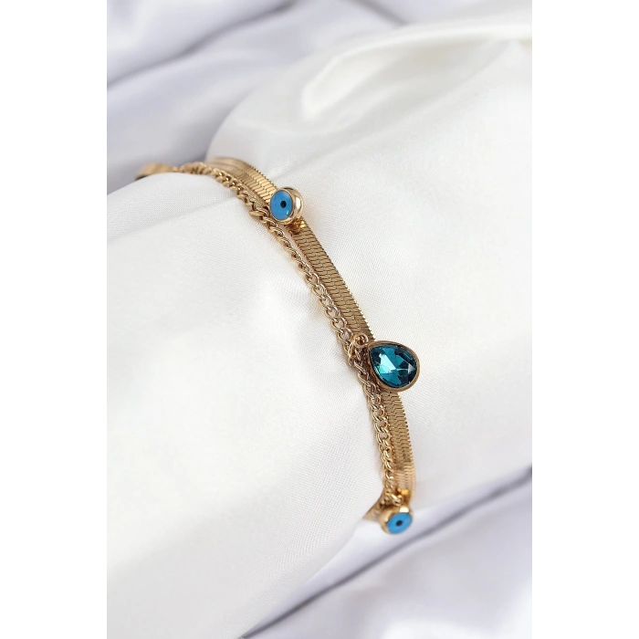 BFS 316L Çelik Nazar Boncuk Detaylı Mavi Zirkon Taşlı Model İtalyan Zincir Gold Renk Kadın Bileklik