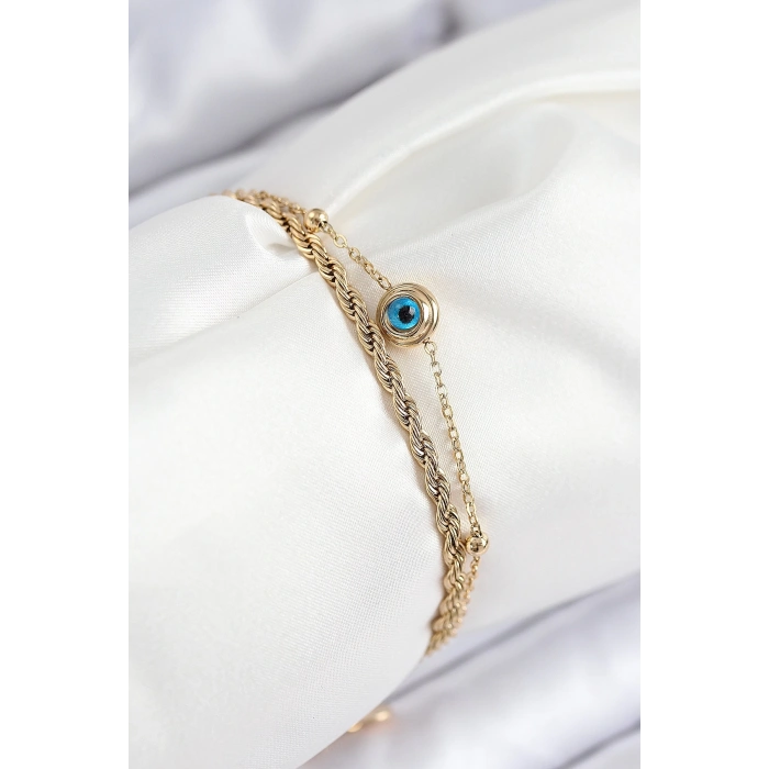 BFS 316L Çelik Nazar Boncuk Model Burgu Zincir Gold Renk Kadın Bileklik