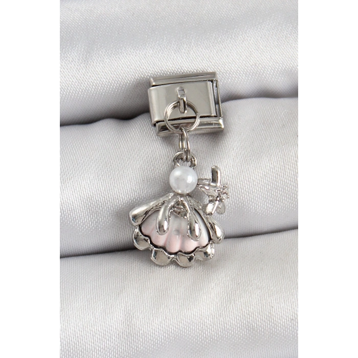 BFS 316L Çelik Sallantılı İnci Detaylı İstiridye Model Gümüş Renk Nomination Charm