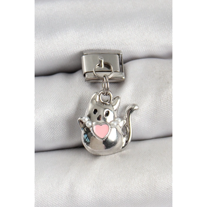BFS 316L Çelik Sallantılı Kalp Detaylı Kedi Model Gümüş Renk Nomination Charm