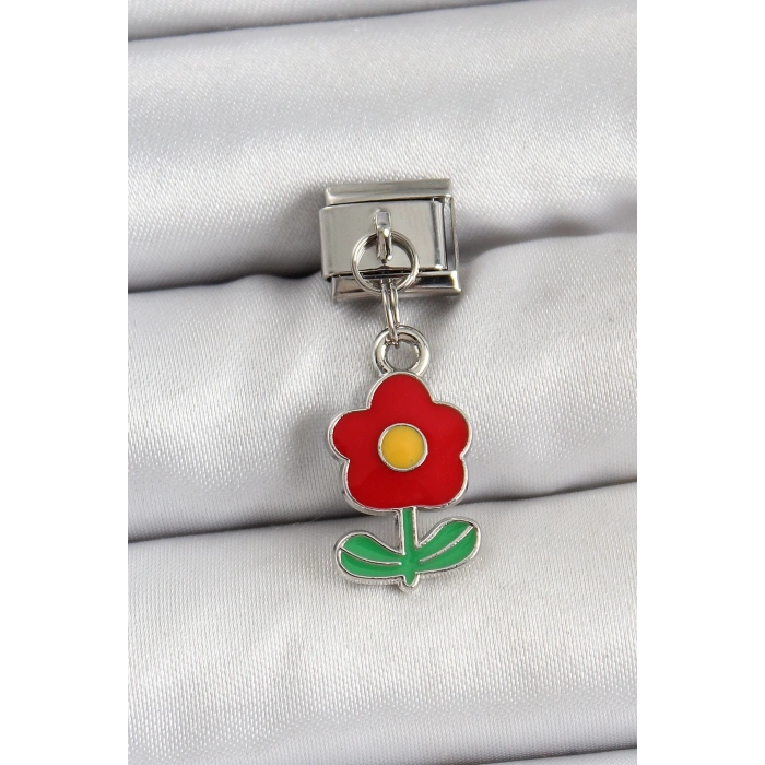 BFS 316L Çelik Sallantılı Kırmızı Papatya Model Gümüş Renk Nomination Charm