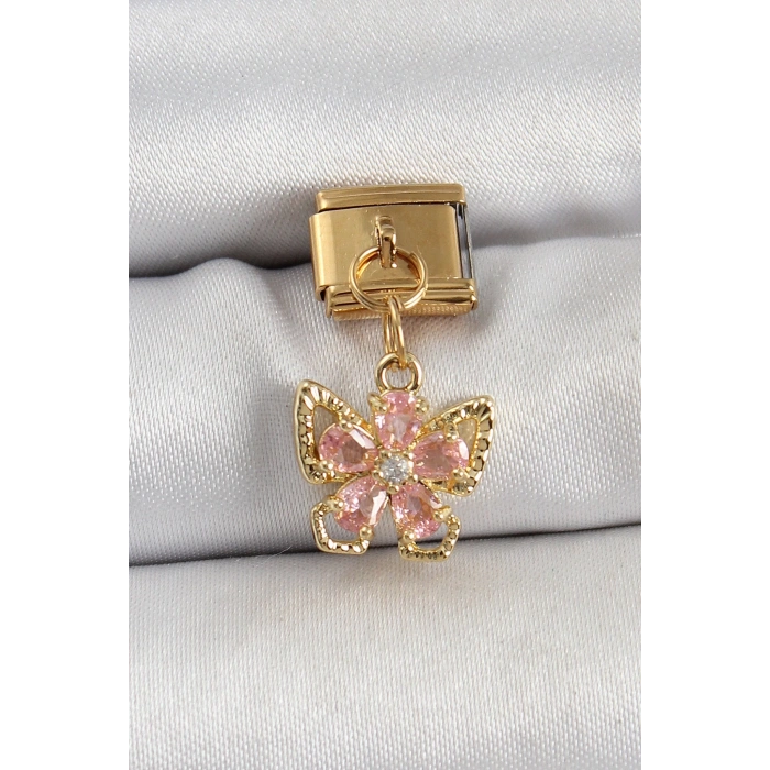 BFS 316L Çelik Sallantılı Zirkon Taşlı Çiçek Figürlü Kelebek Model Gold Renk Nomination Charm