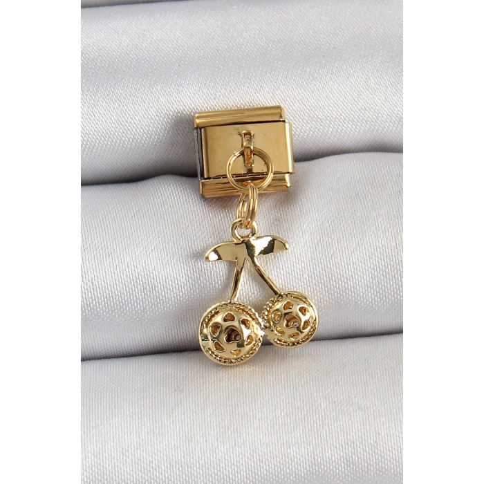 BFS 316L Çelik Sallantılı Zirkon Taşlı Fiyonk Model Gold Renk Nomination C316L Çelik Sallantılı Kiraz Model Gold Renk Nomination Charm