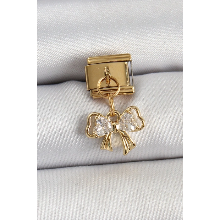 BFS 316L Çelik Sallantılı Zirkon Taşlı Fiyonk Model Gold Renk Nomination Charm