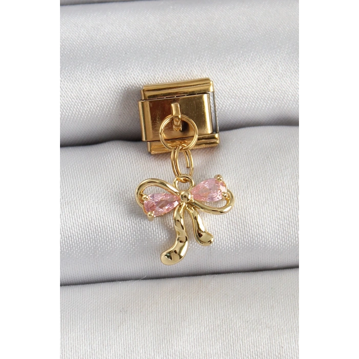 BFS 316L Çelik Sallantılı Zirkon Taşlı Fiyonk Model Gold Renk Nomination Charm