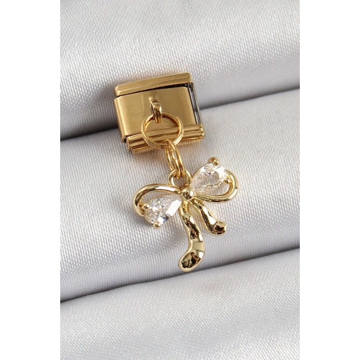 BFS 316L Çelik Sallantılı Zirkon Taşlı Fiyonk Model Gold Renk Nomination Charm