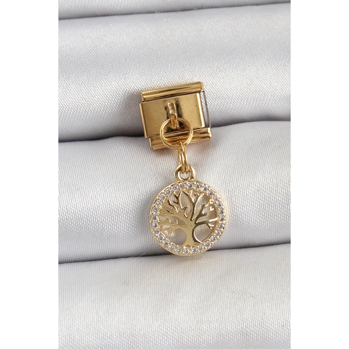BFS 316L Çelik Sallantılı Zirkon Taşlı Hayat Ağacı Model Gold Renk Nomination Charm