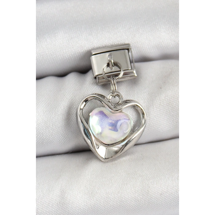 BFS 316L Çelik Sallantılı Zirkon Taşlı Kalp Model Gümüş Renk Nomination Charm